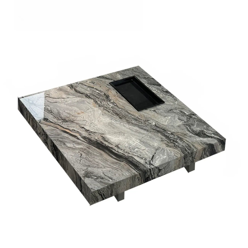 Table basse carrée grise moderne avec piètement en acier inoxydable