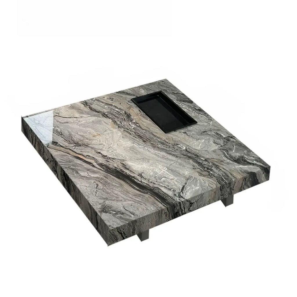 Table basse carrée grise moderne avec piètement en acier inoxydable