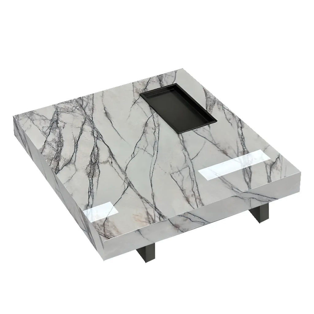 Table basse carrée grise moderne avec piètement en acier inoxydable