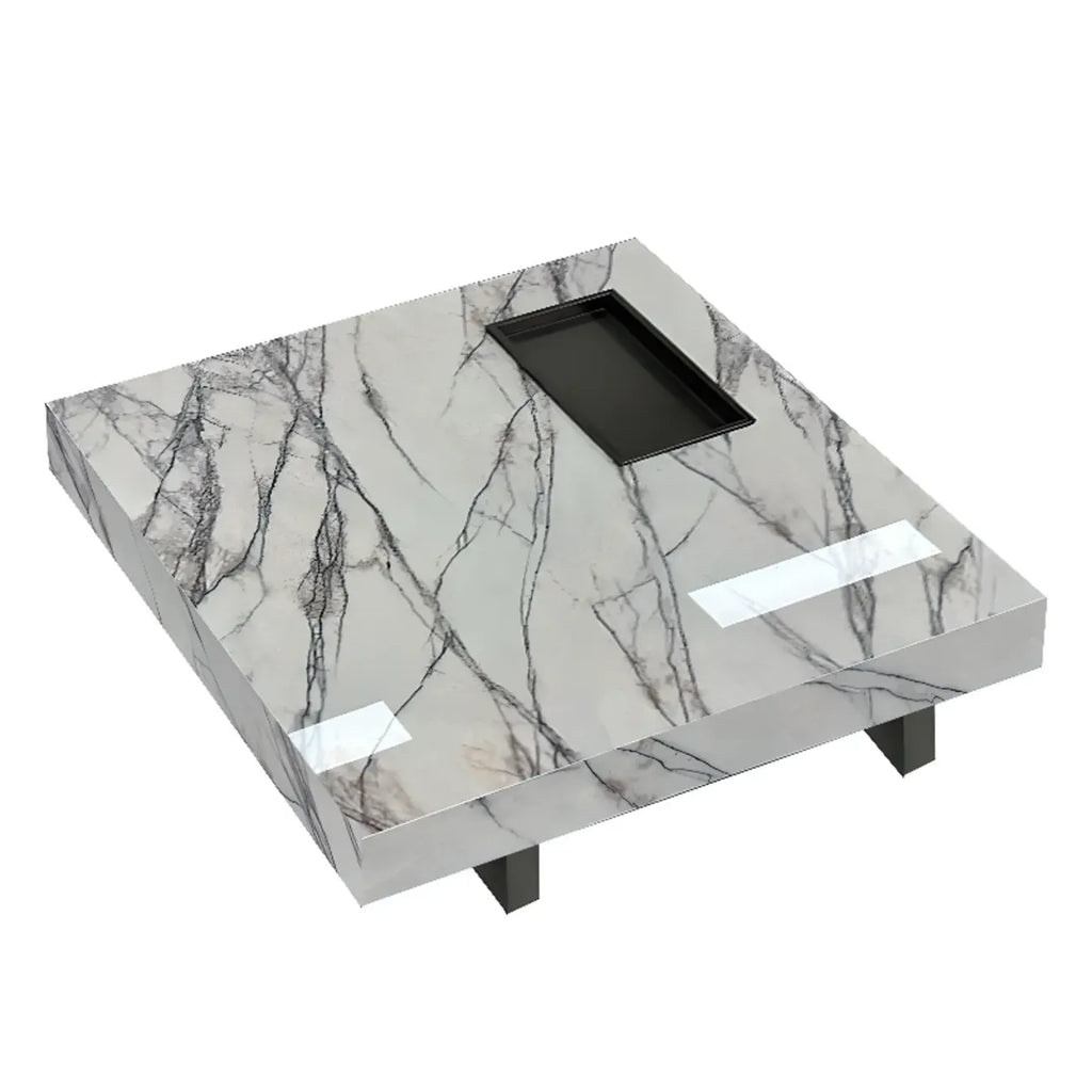 Table basse carrée grise moderne avec piètement en acier inoxydable