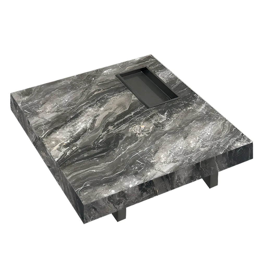 Table basse carrée grise moderne avec piètement en acier inoxydable