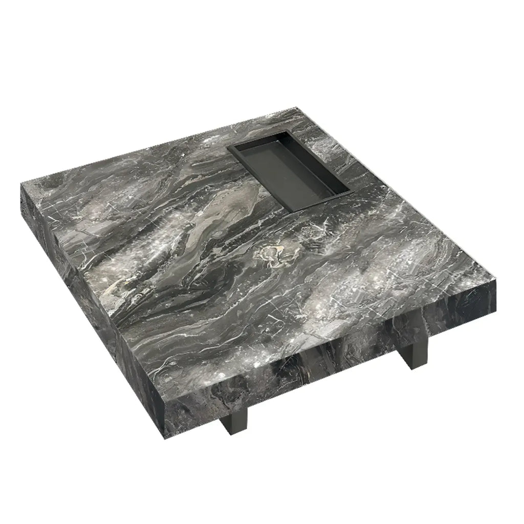 Table basse carrée grise moderne avec piètement en acier inoxydable