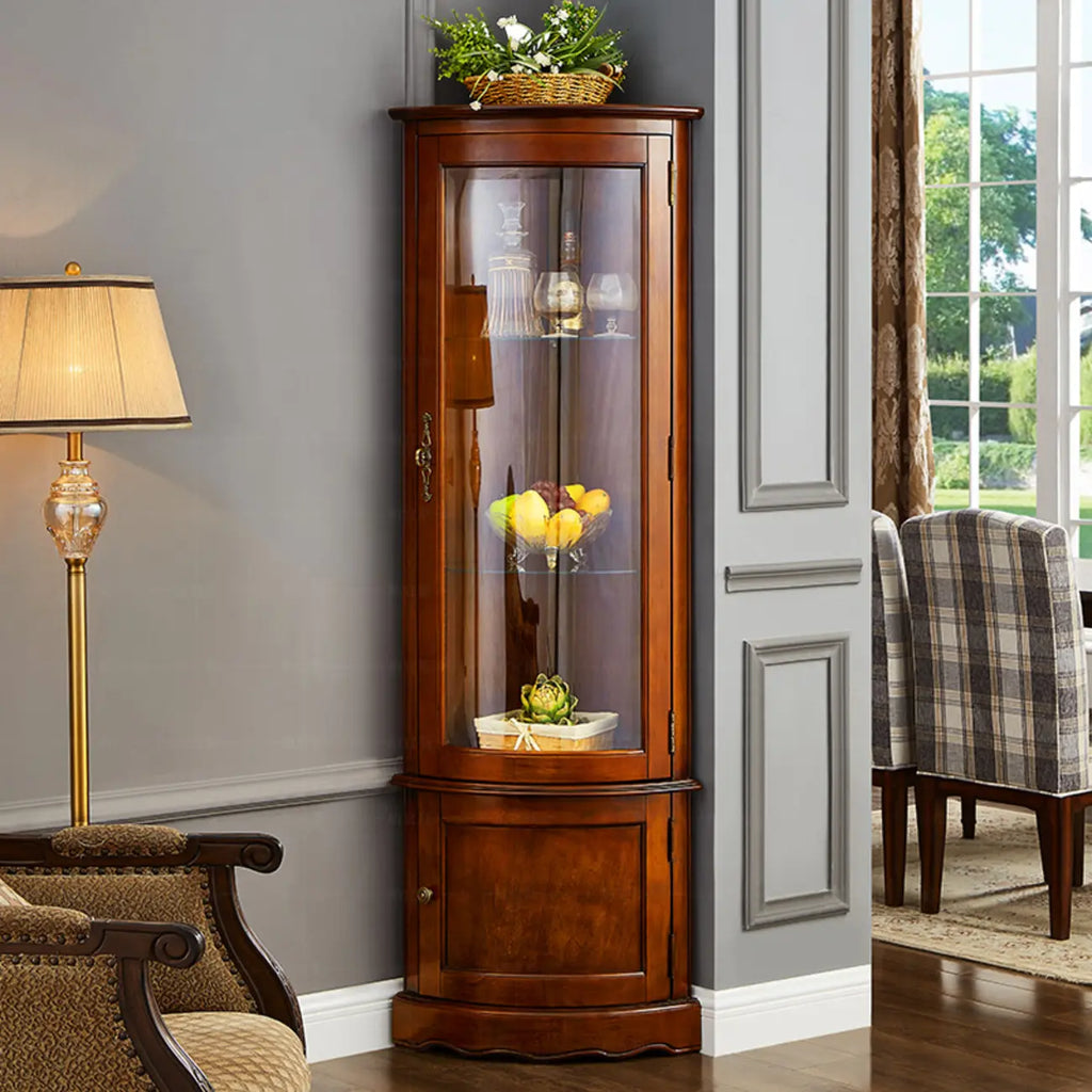 Vitrine d'angle classique en bois de noyer avec portes vitrées