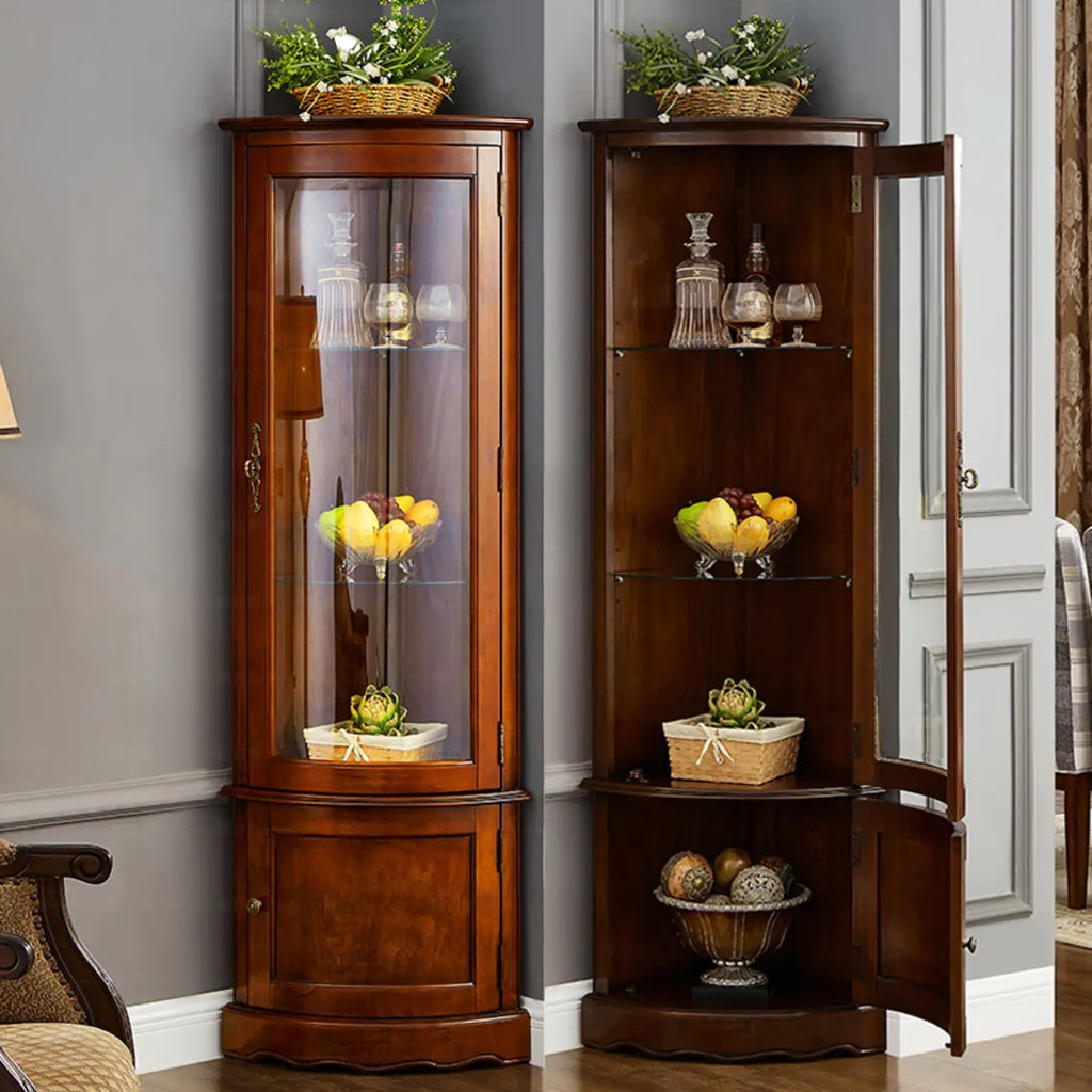 Vitrine d'angle classique en bois de noyer avec portes vitrées
