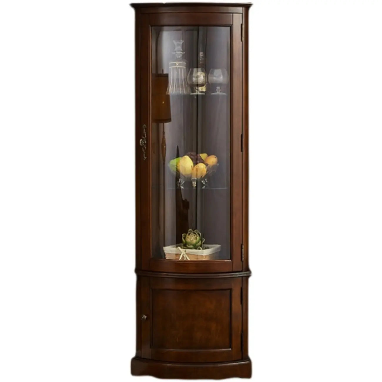 Vitrine d'angle classique en bois de noyer avec portes vitrées