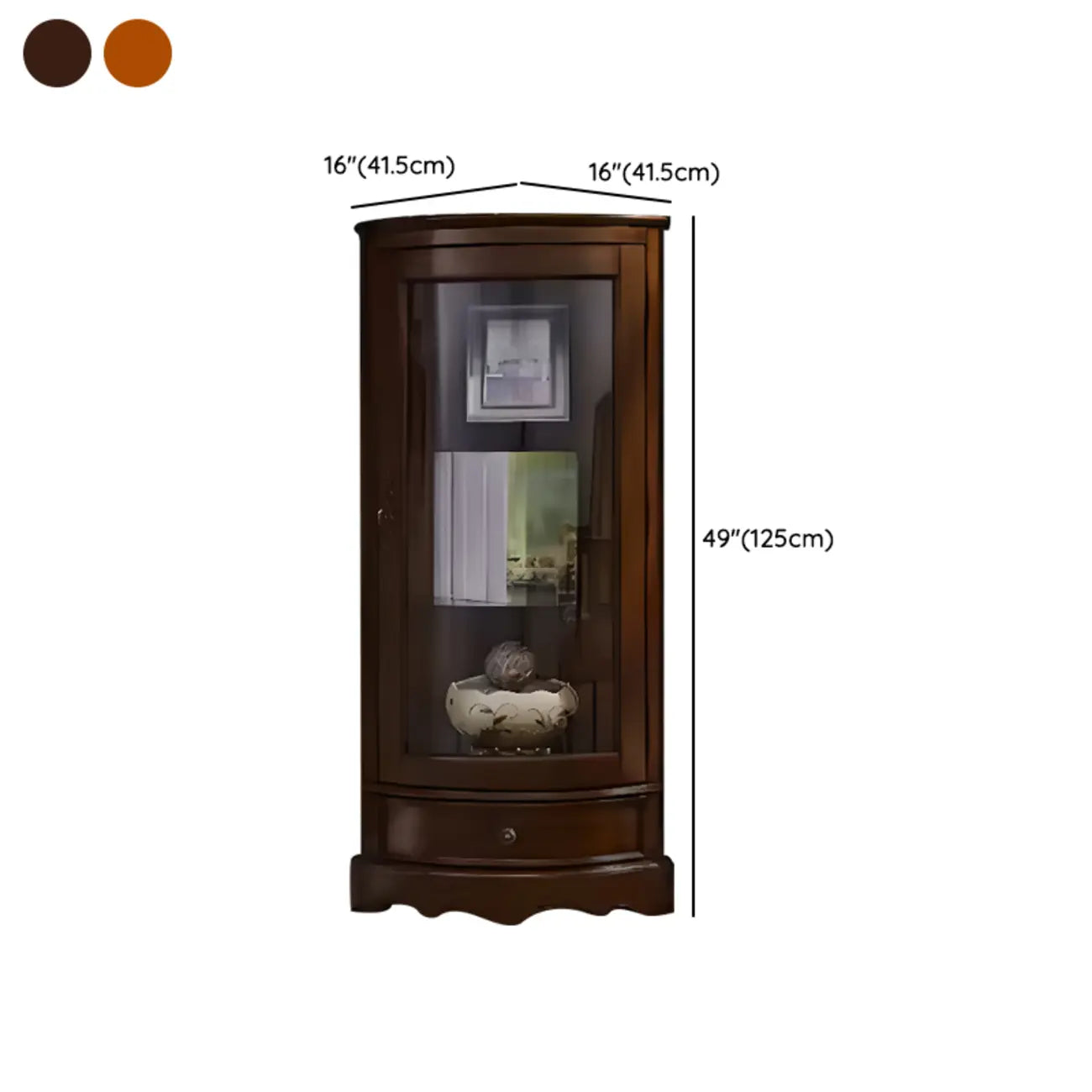 Vitrine d'angle classique en bois de noyer avec portes vitrées