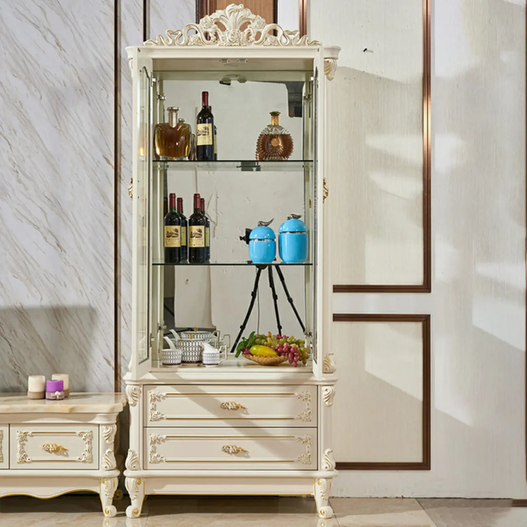 Vitrine glamour en bois blanc et verre avec tiroirs
