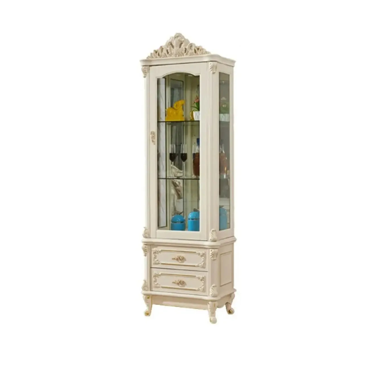 Vitrine glamour en bois blanc et verre avec tiroirs
