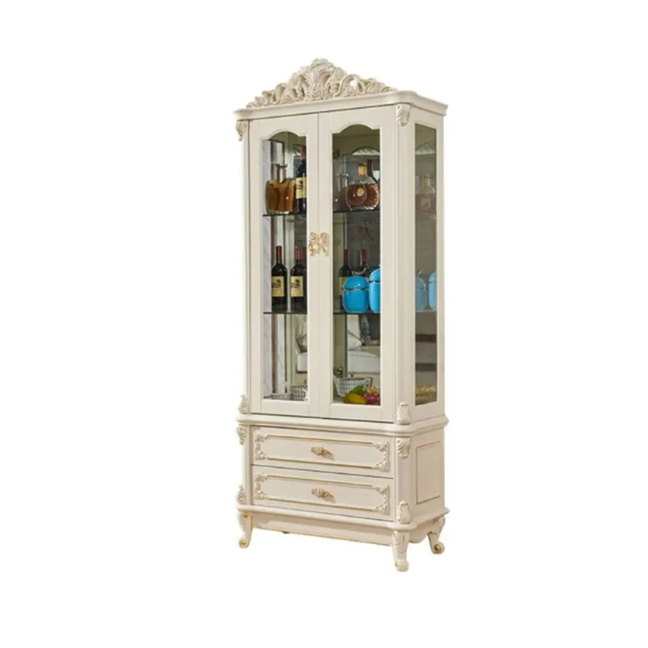Vitrine glamour en bois blanc et verre avec tiroirs