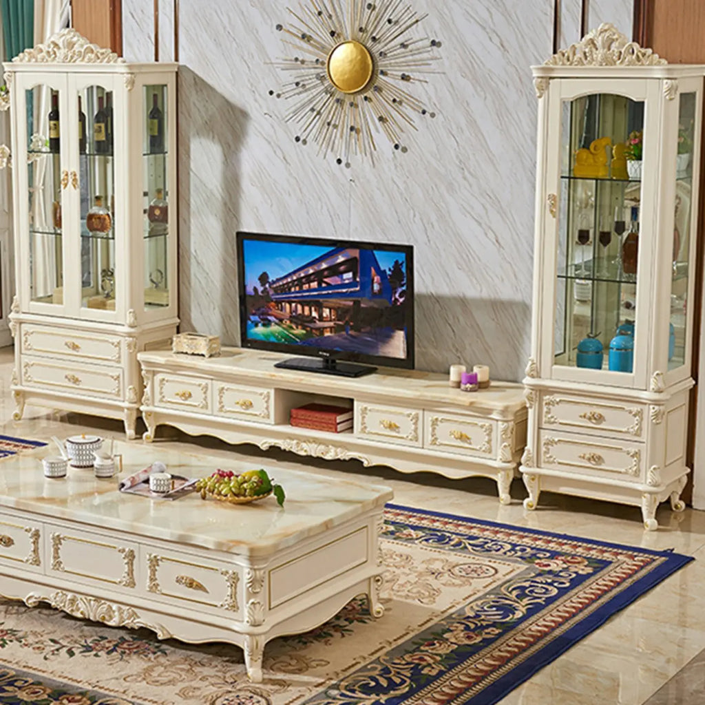 Vitrine glamour en bois blanc et verre avec tiroirs
