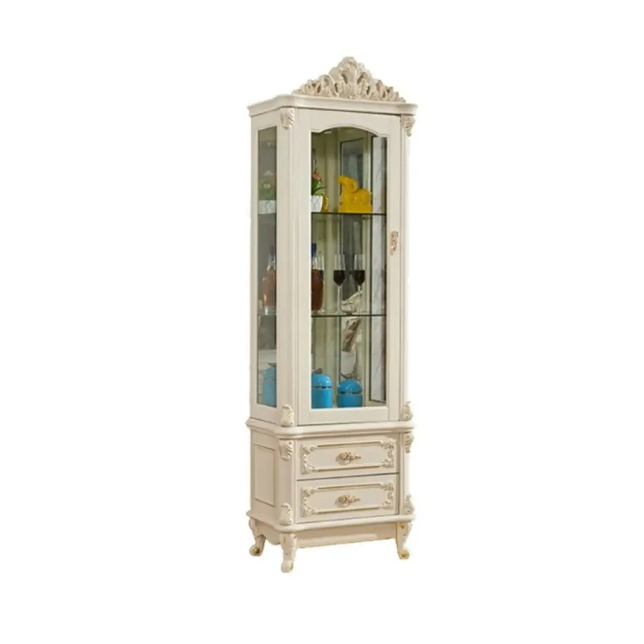 Vitrine glamour en bois blanc et verre avec tiroirs