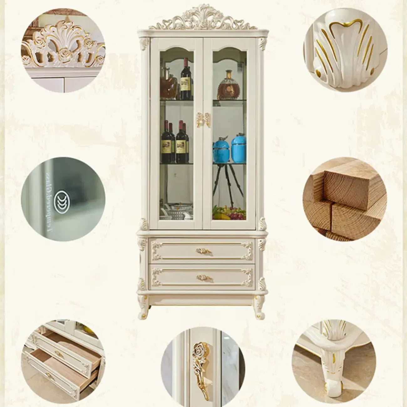 Vitrine glamour en bois blanc et verre avec tiroirs