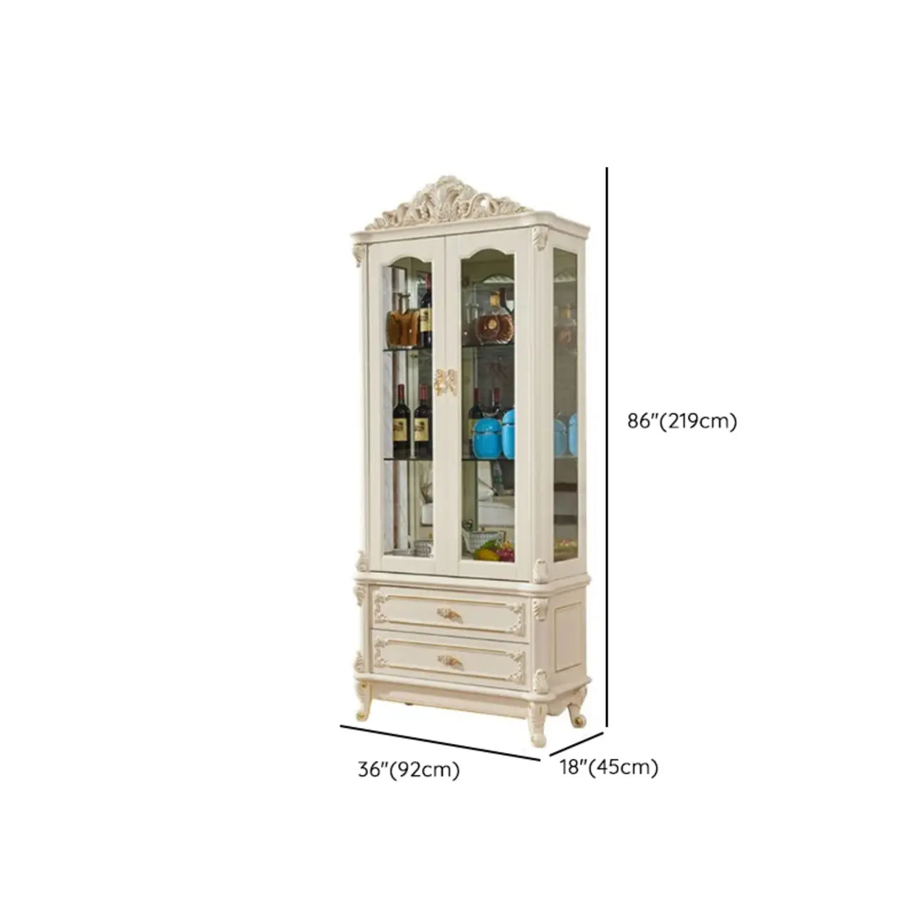 Vitrine glamour en bois blanc et verre avec tiroirs