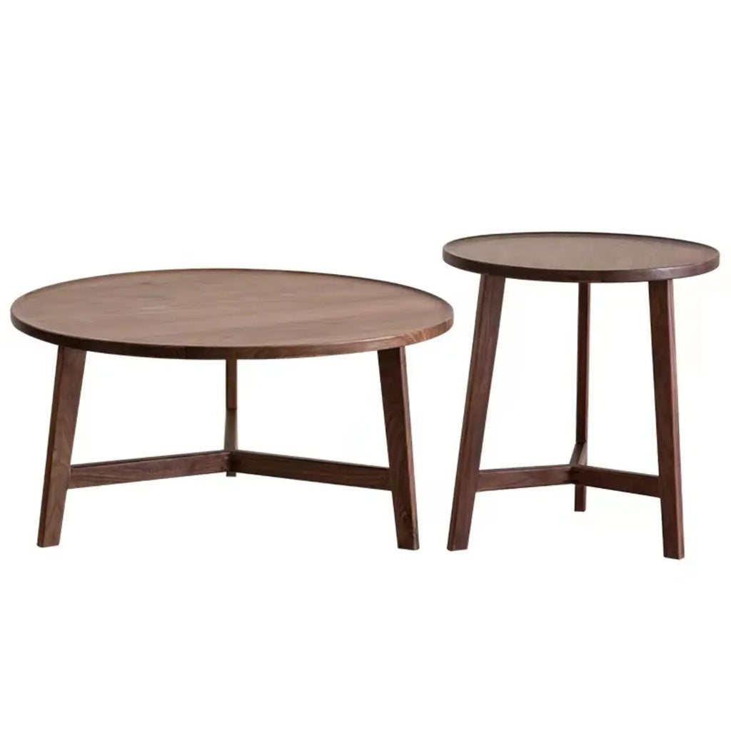 Ensemble table basse ronde en bois style milieu du siècle avec pieds croisés