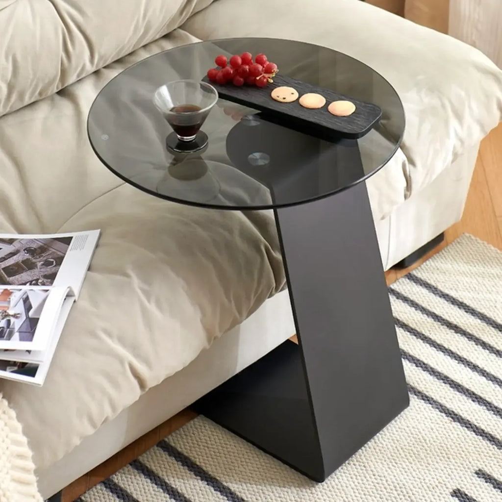 Table d'appoint ronde moderne en verre noir transparent pour canapé