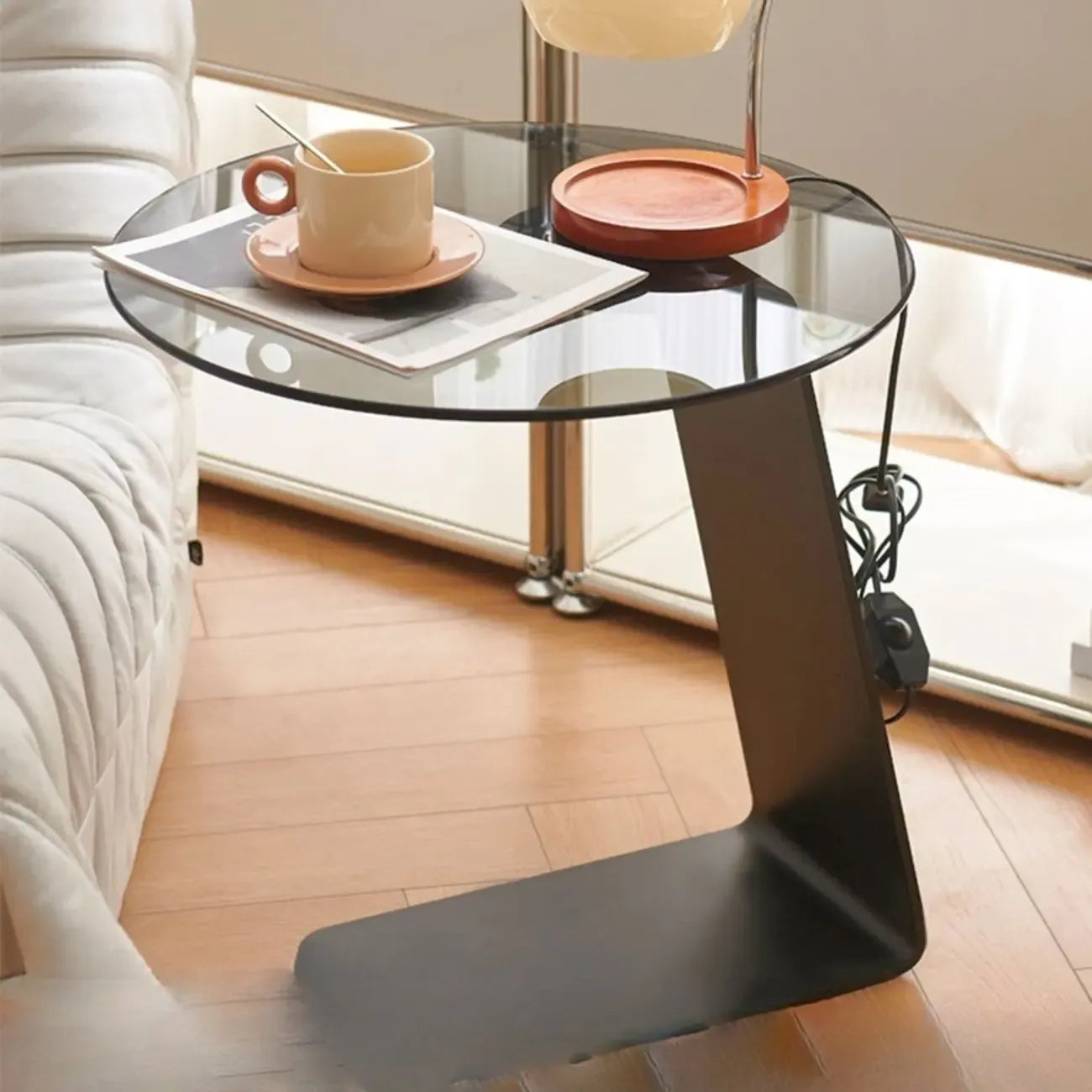 Table d'appoint ronde moderne en verre noir transparent pour canapé