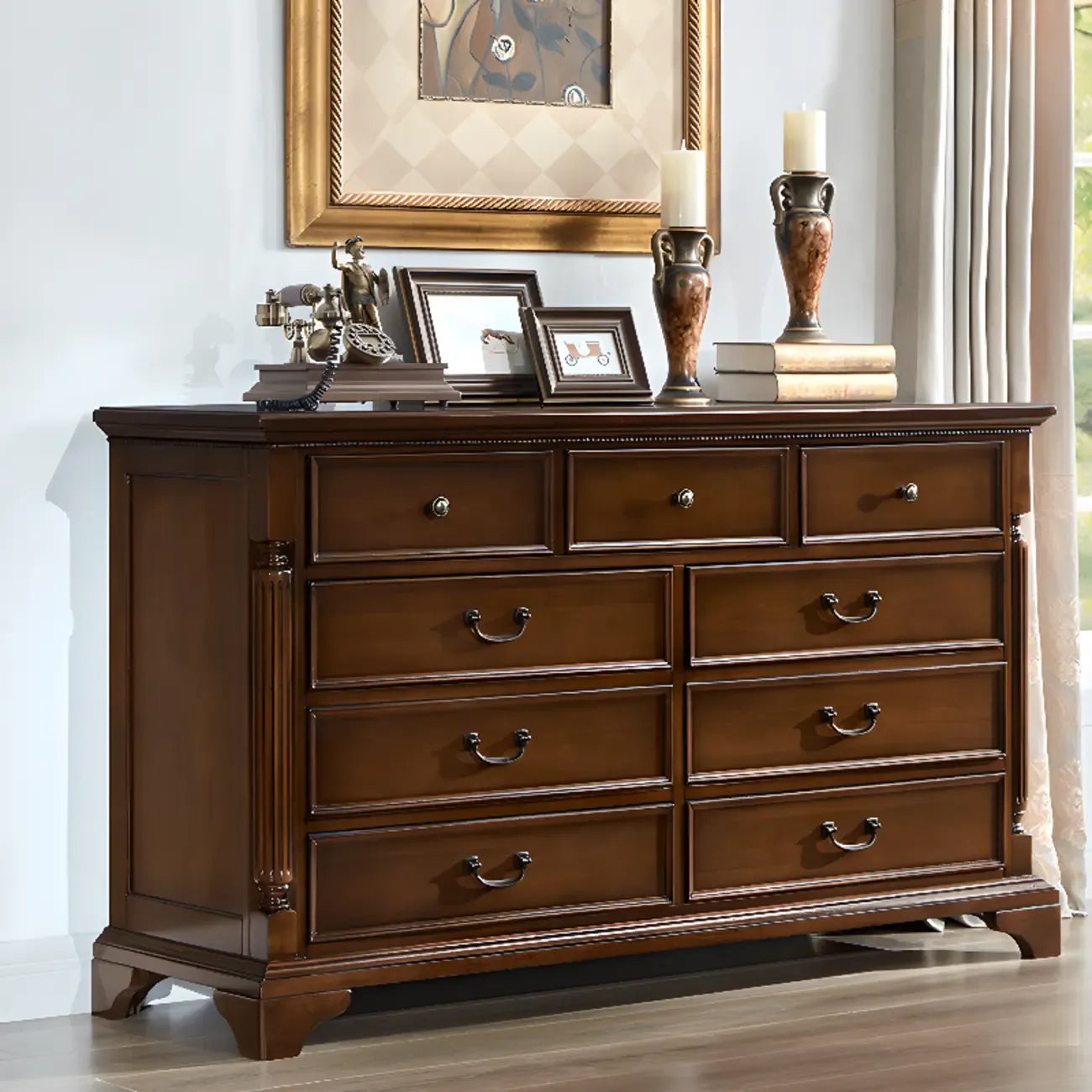 Commode double classique en bois brun à 9 tiroirs