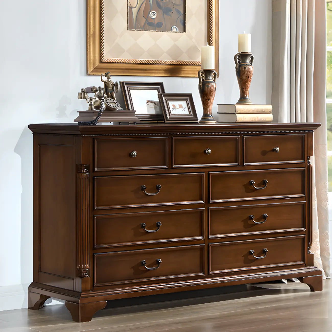 Commode double classique en bois brun à 9 tiroirs