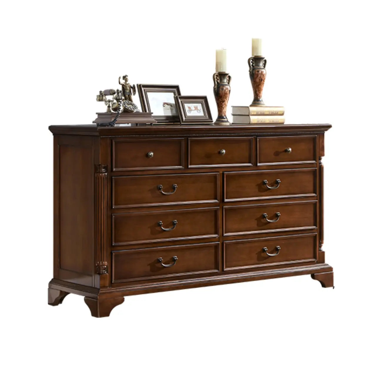 Commode double classique en bois brun à 9 tiroirs