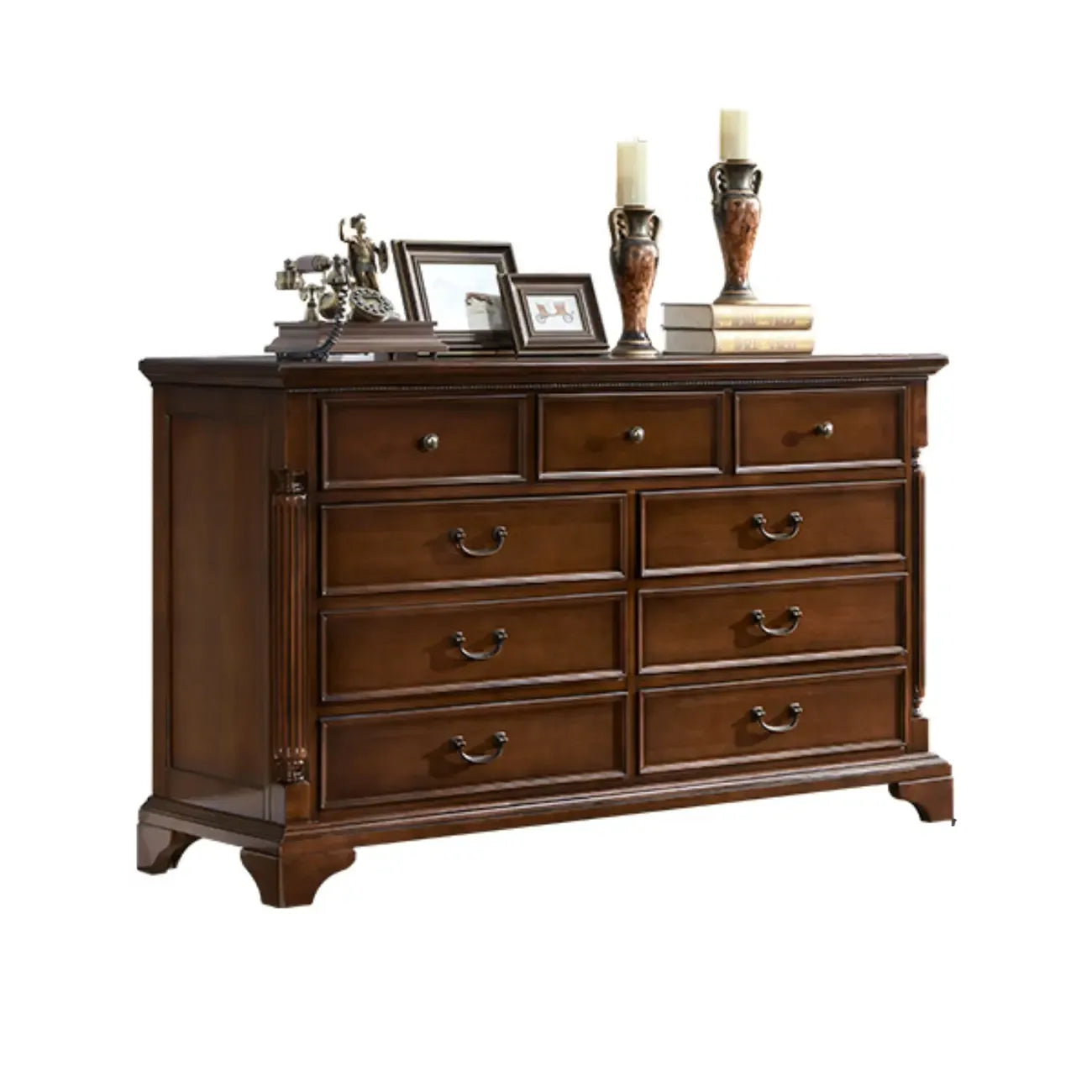 Commode double classique en bois brun à 9 tiroirs