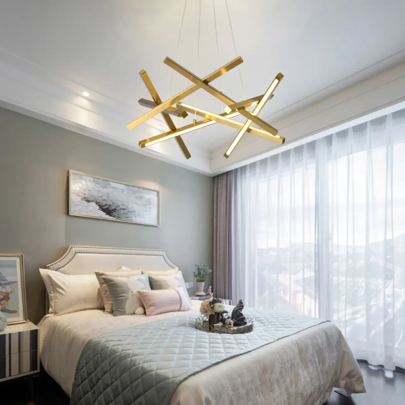 Lustre LED linéaire moderne au design géométrique en métal
