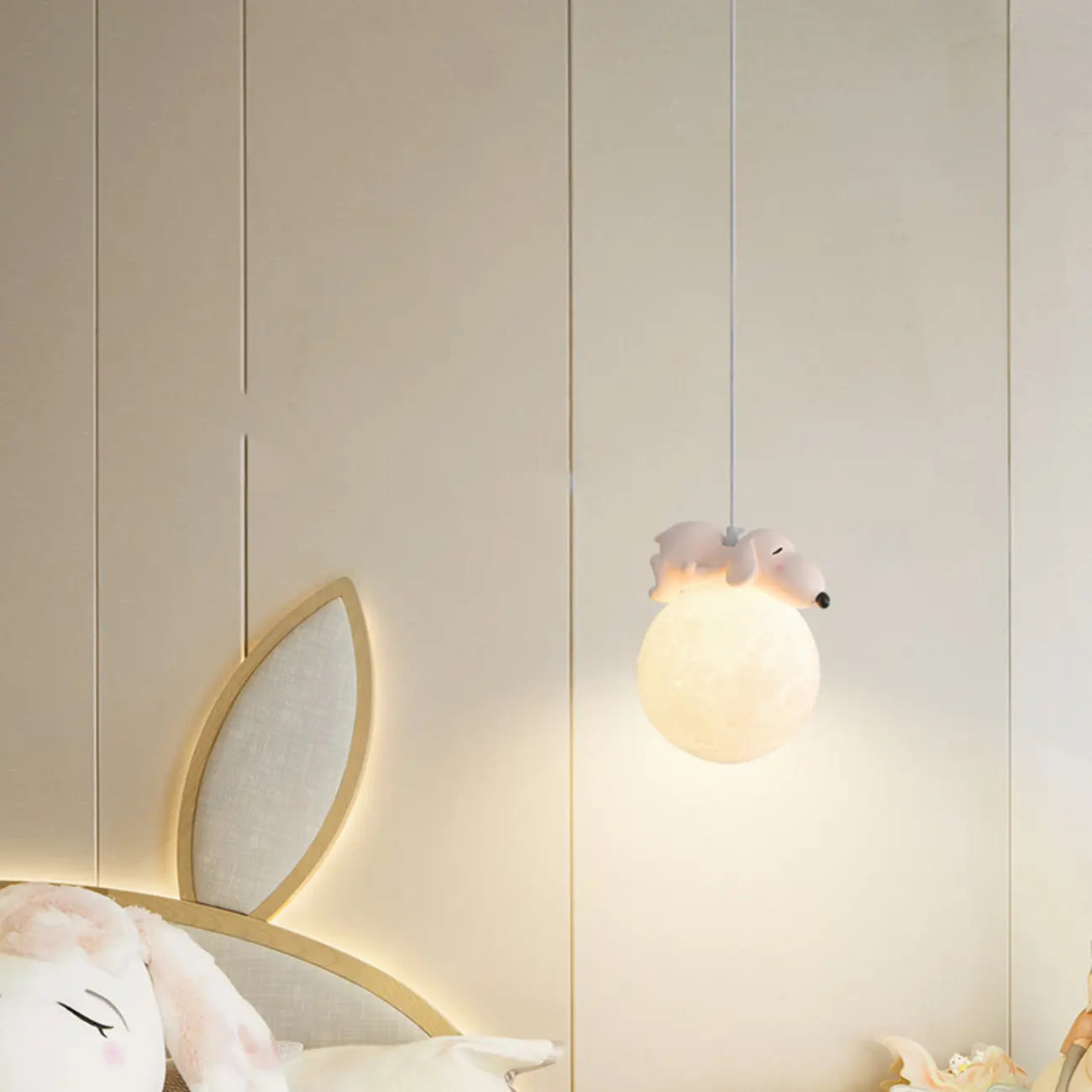 Lampada a sospensione per bambini a forma di coniglio e luna 3D dimmerabile per cameretta