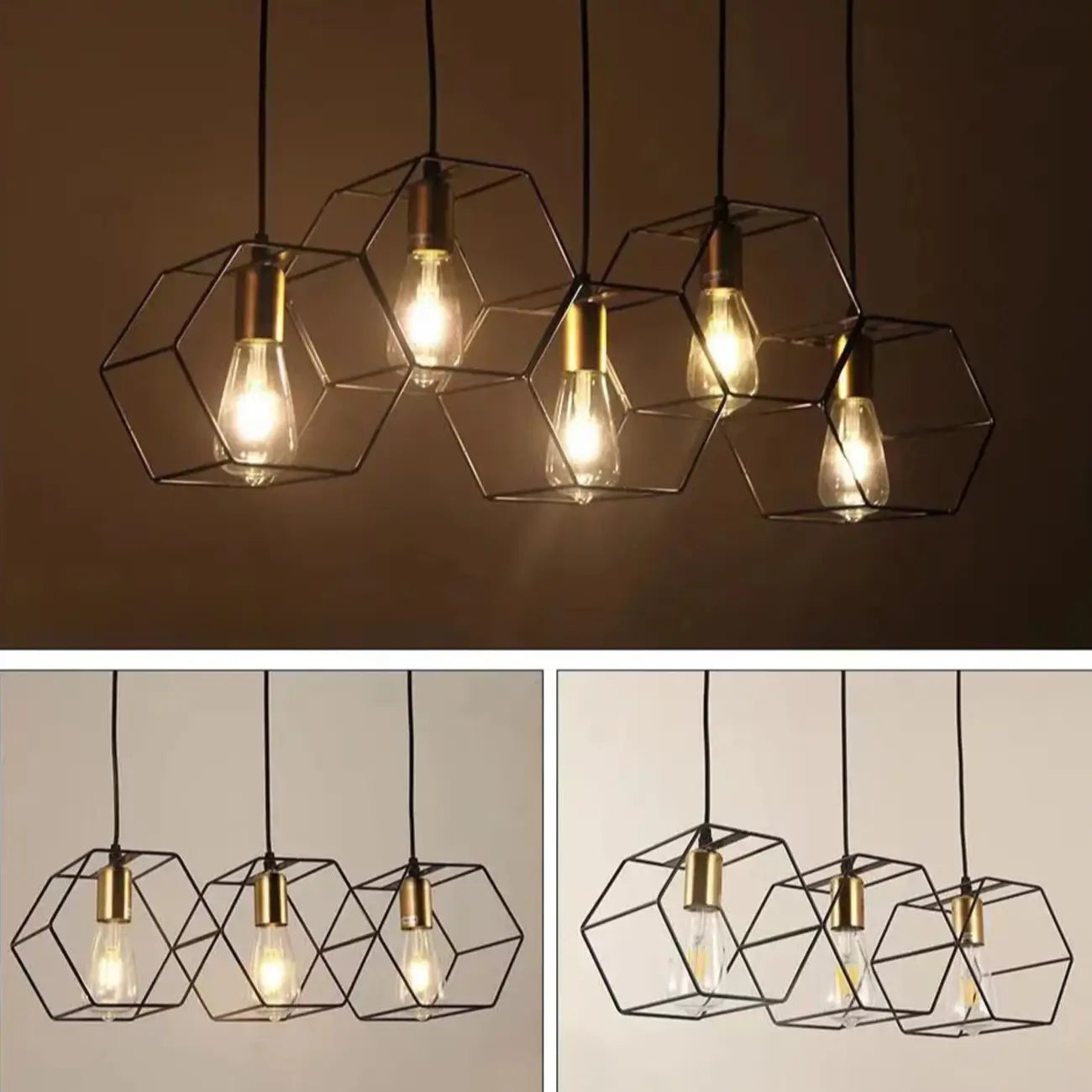 Suspension géométrique noire en métal de style industriel pour îlot de cuisine