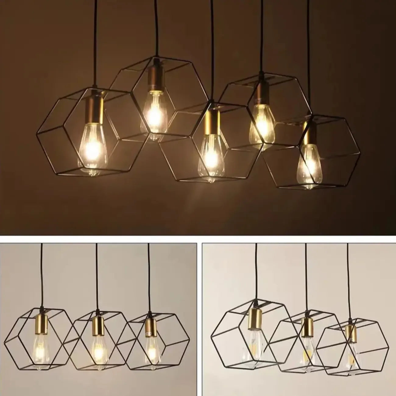 Suspension géométrique noire en métal de style industriel pour îlot de cuisine