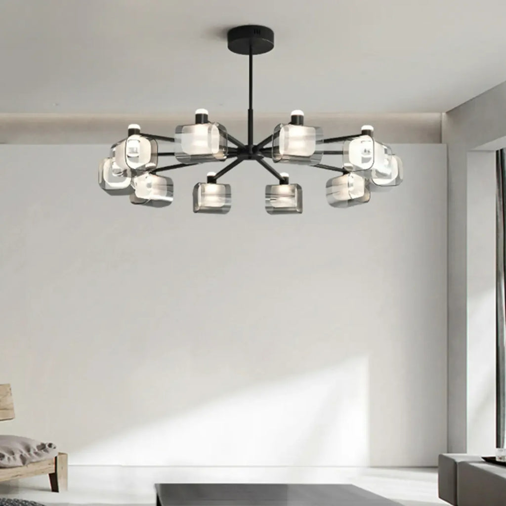 Lustre géométrique réglable en métal noir et verre transparent