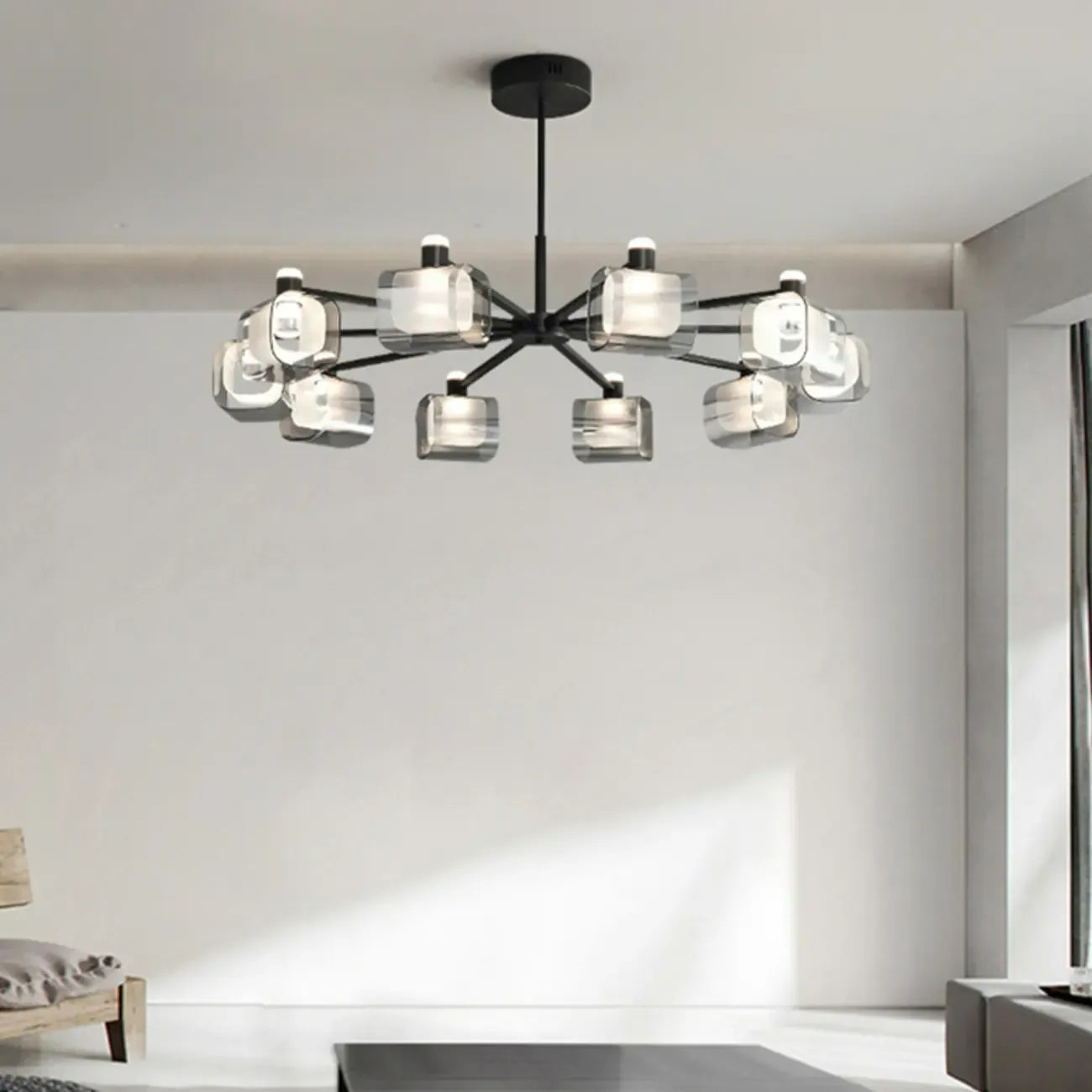 Lustre géométrique réglable en métal noir et verre transparent