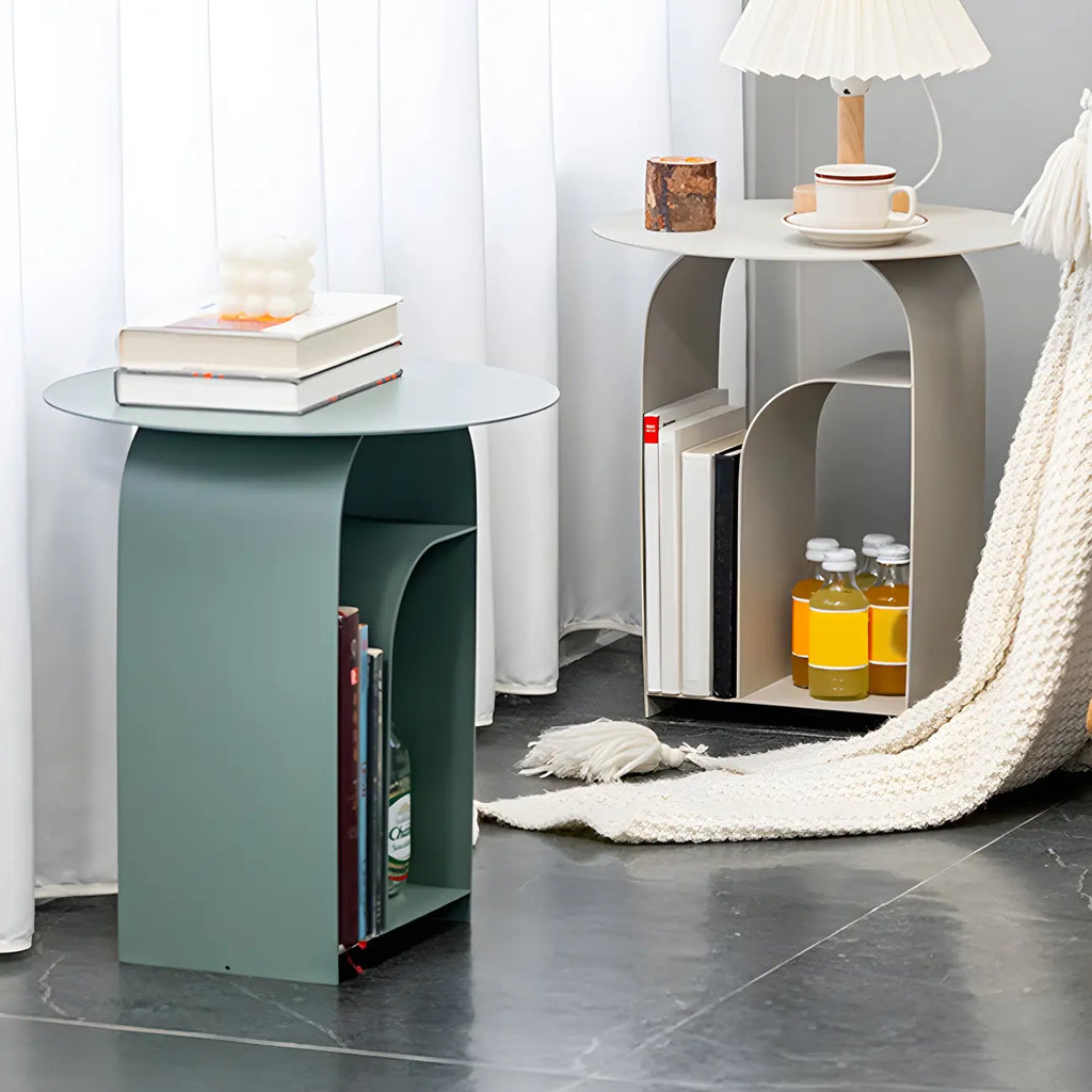 Table de chevet industrielle étroite en métal blanc avec plateau rond