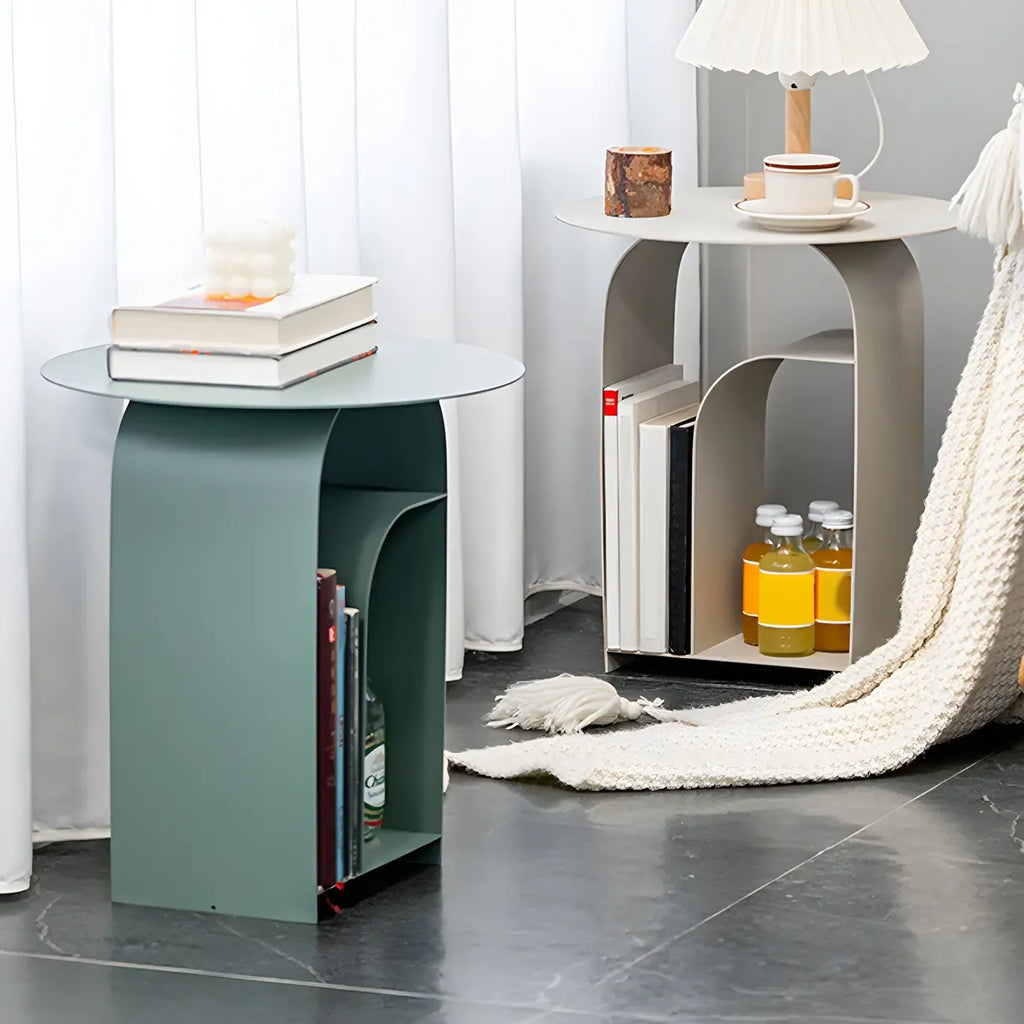 Table de chevet industrielle étroite en métal blanc avec plateau rond