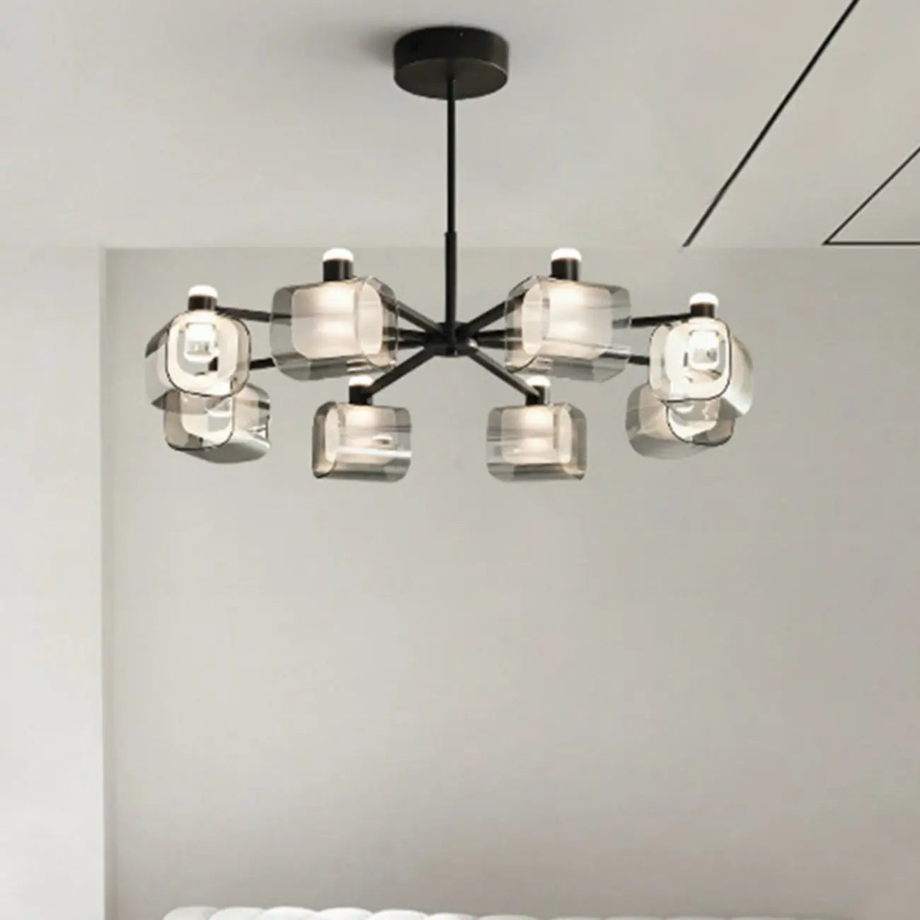 Lustre géométrique réglable en métal noir et verre transparent