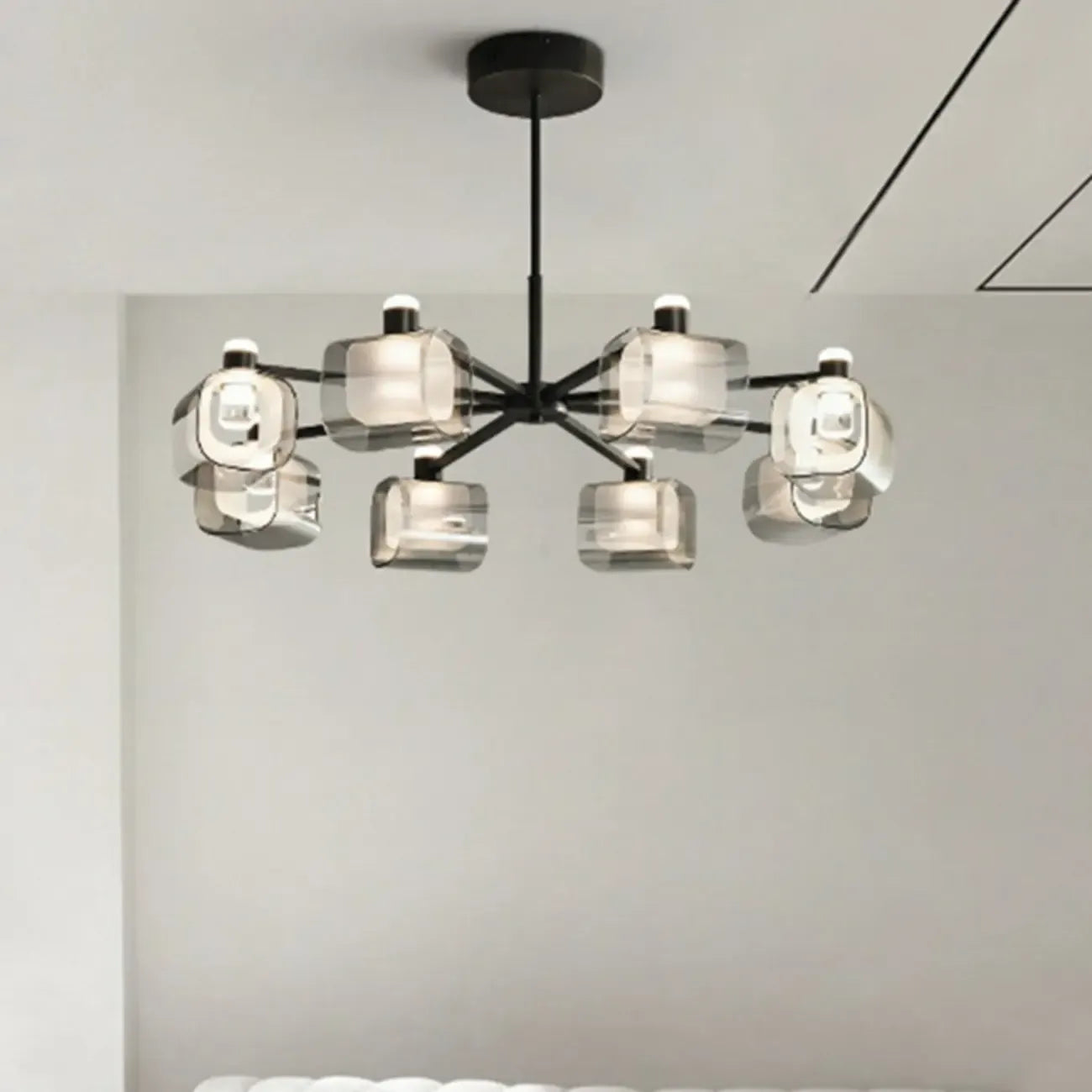 Lustre géométrique réglable en métal noir et verre transparent