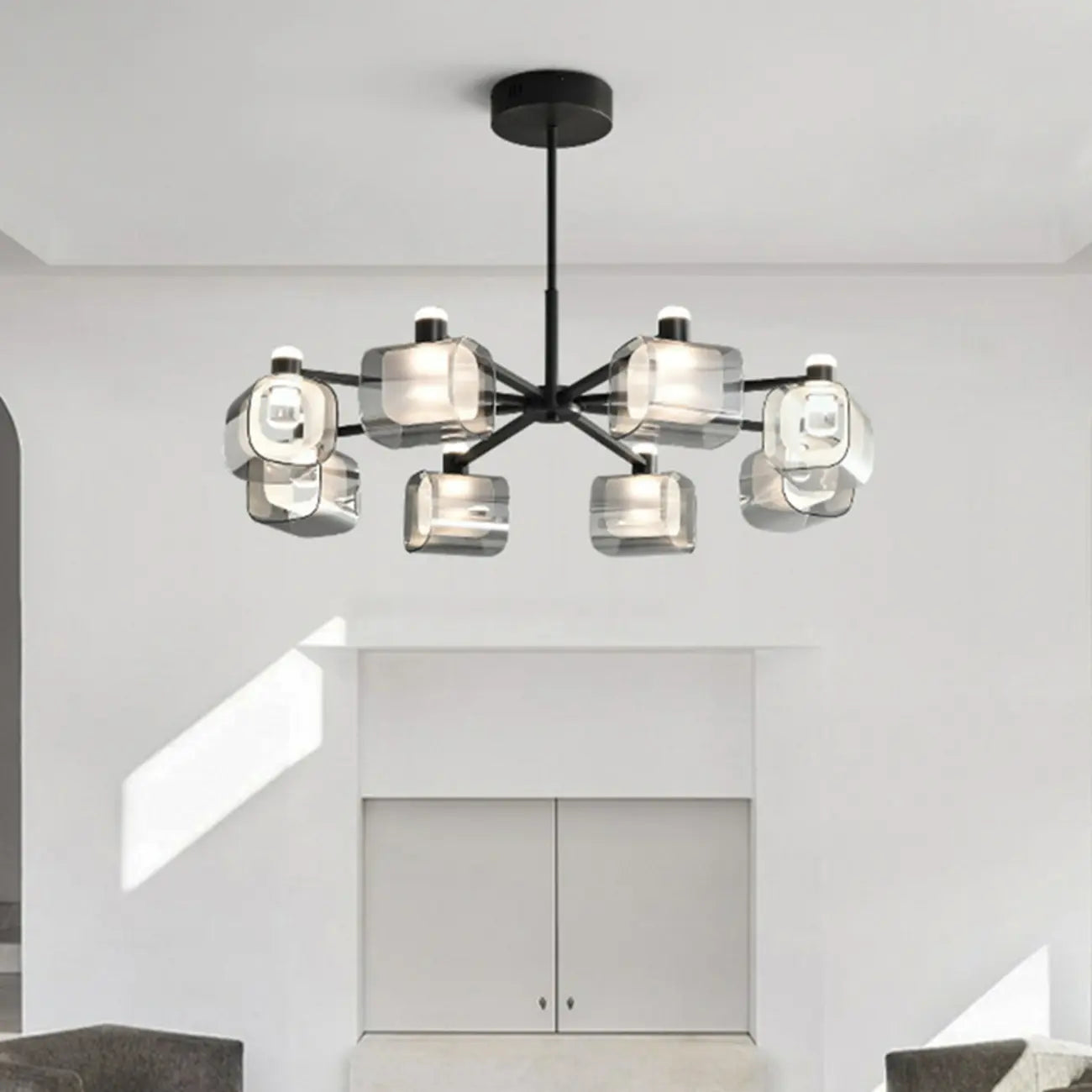 Lustre géométrique réglable en métal noir et verre transparent