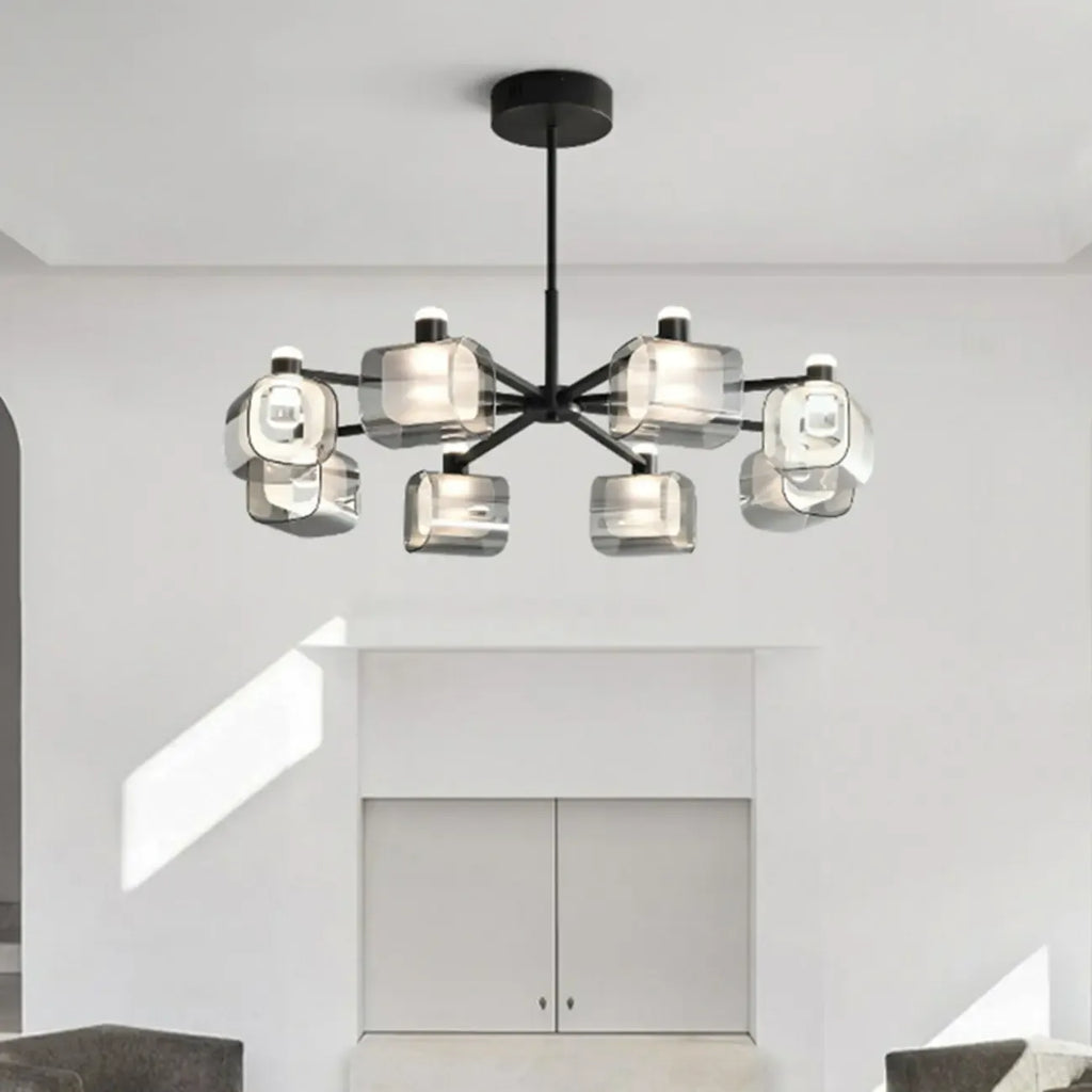 Lustre géométrique réglable en métal noir et verre transparent