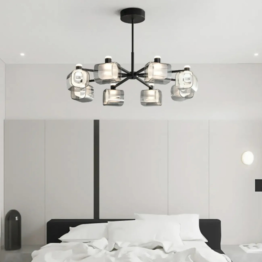 Lustre géométrique réglable en métal noir et verre transparent