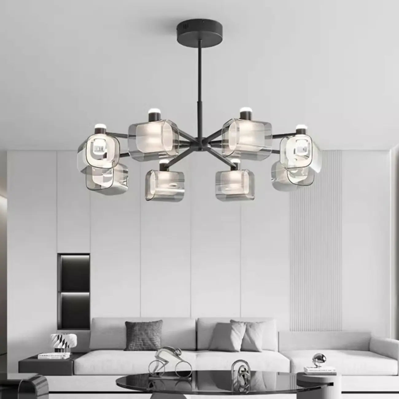 Lustre géométrique réglable en métal noir et verre transparent