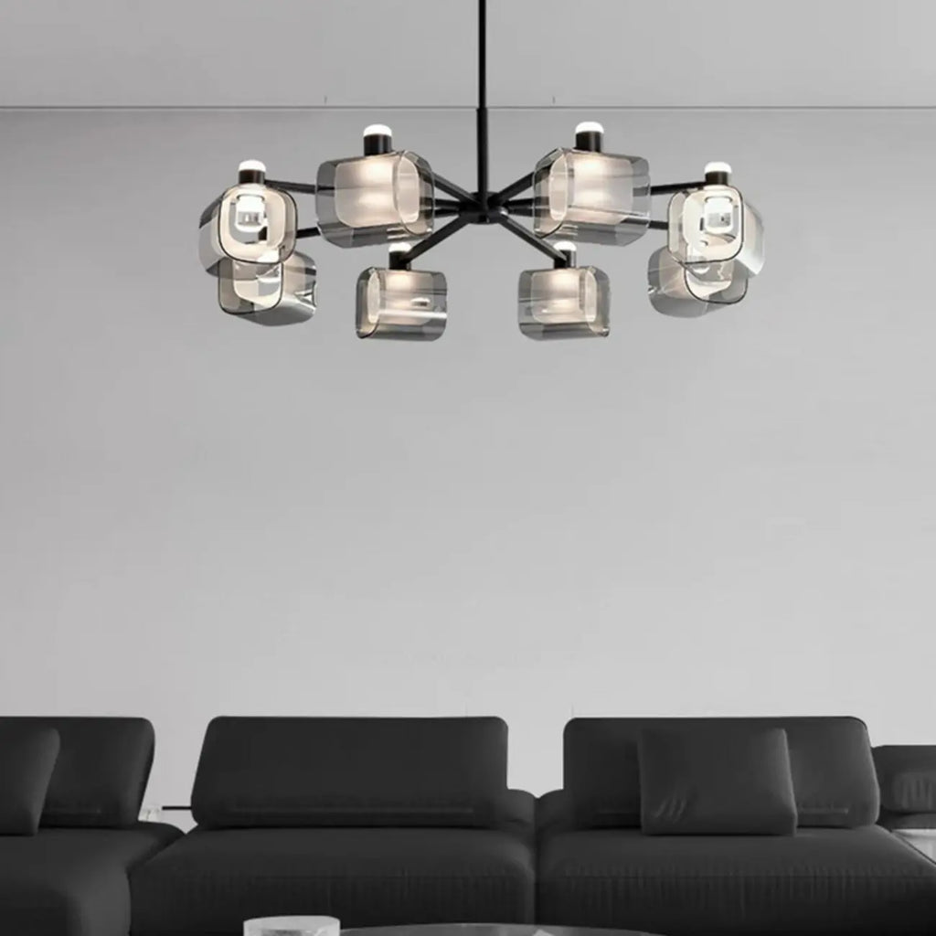 Lustre géométrique réglable en métal noir et verre transparent