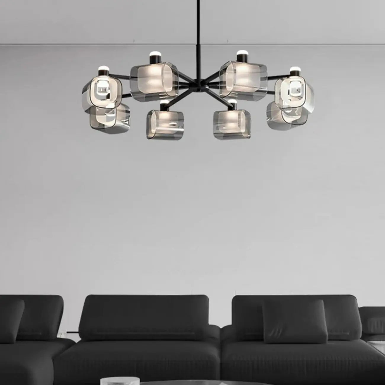 Lustre géométrique réglable en métal noir et verre transparent