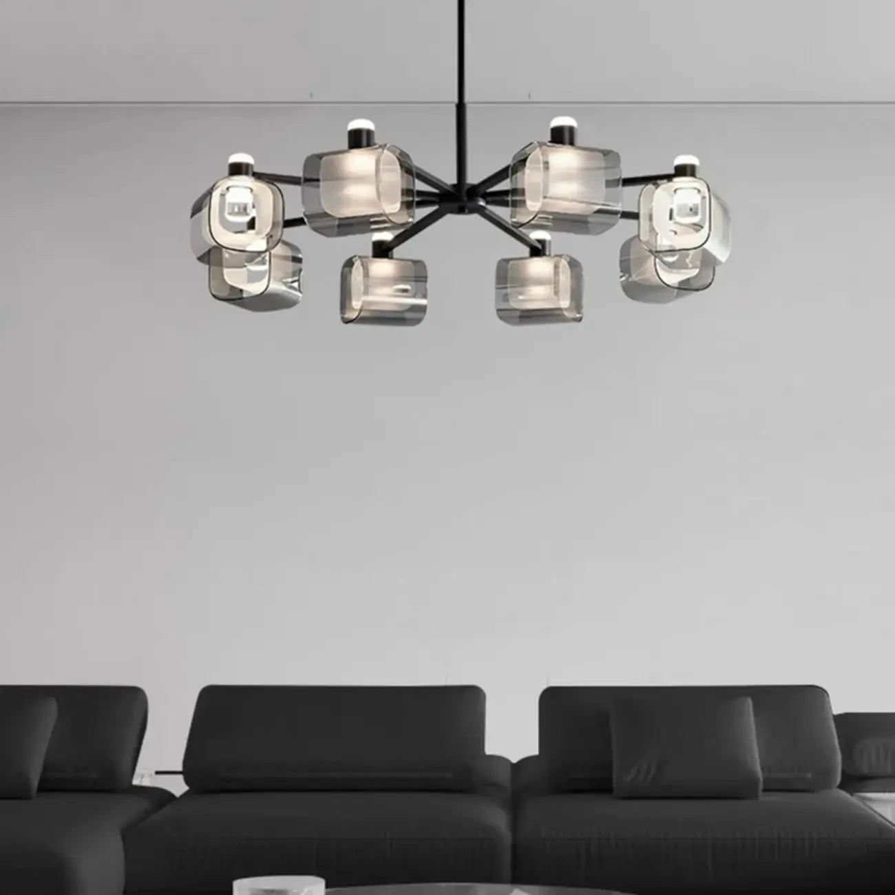 Lustre géométrique réglable en métal noir et verre transparent