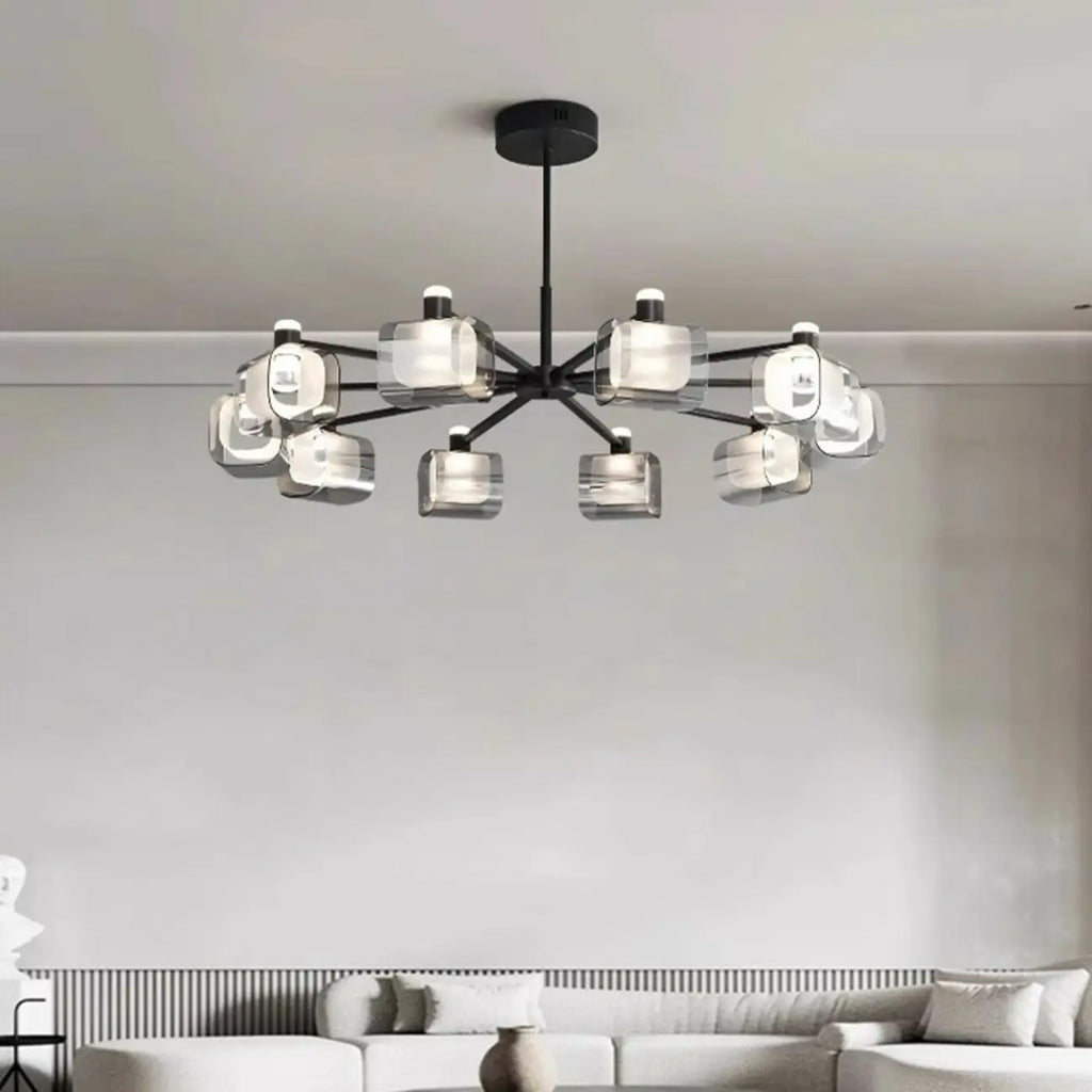 Lustre géométrique réglable en métal noir et verre transparent