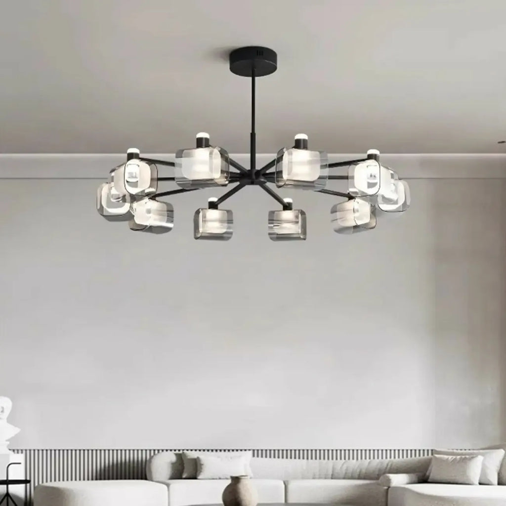 Lustre géométrique réglable en métal noir et verre transparent