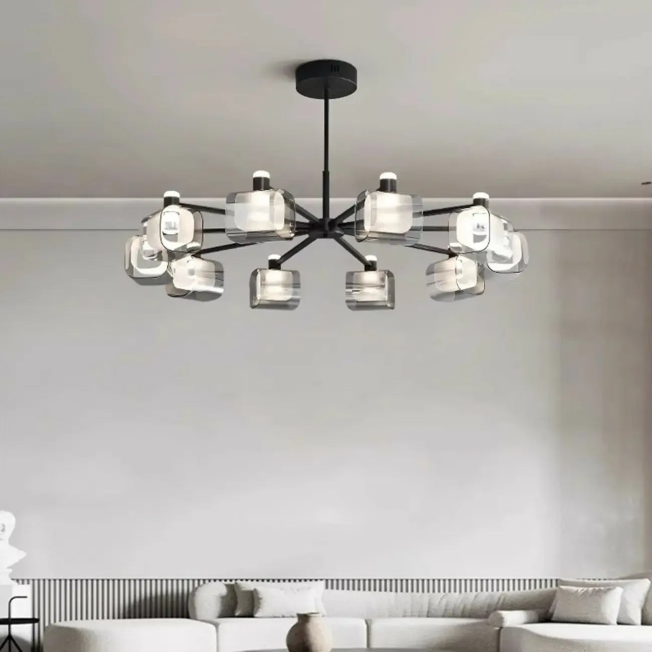 Lustre géométrique réglable en métal noir et verre transparent