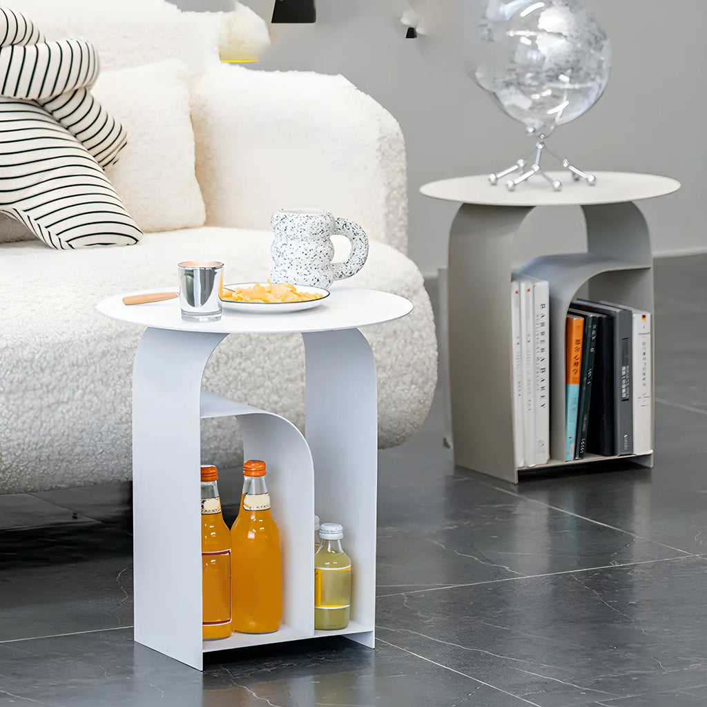 Table de chevet industrielle étroite en métal blanc avec plateau rond