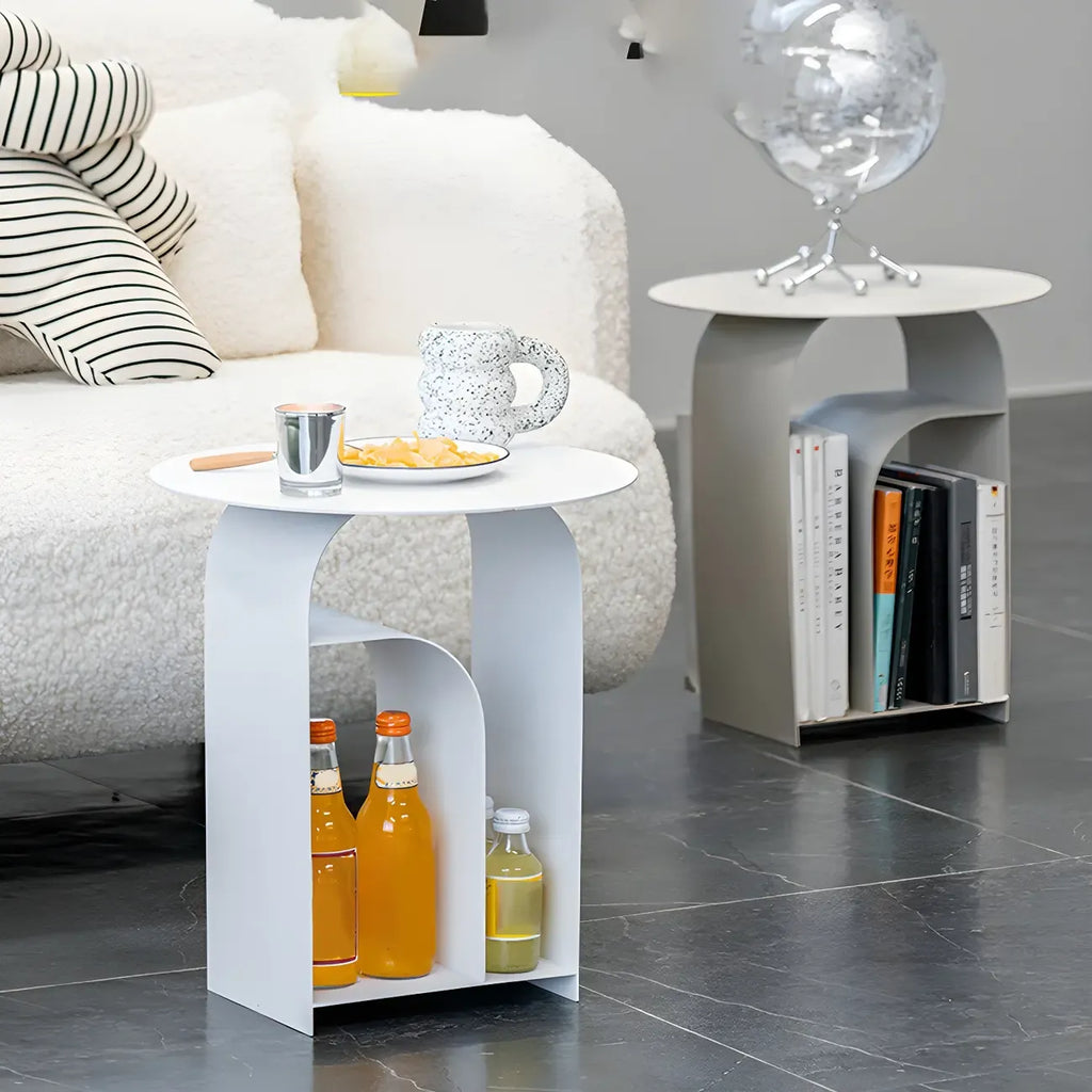 Table de chevet industrielle étroite en métal blanc avec plateau rond