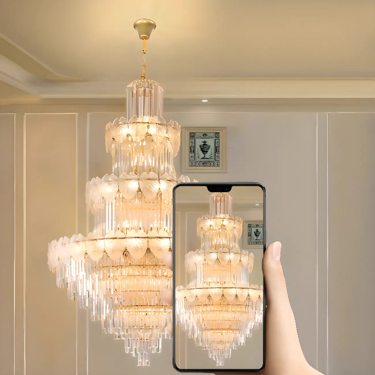 Lustre rond en cristal de luxe au design élégant à plusieurs niveaux