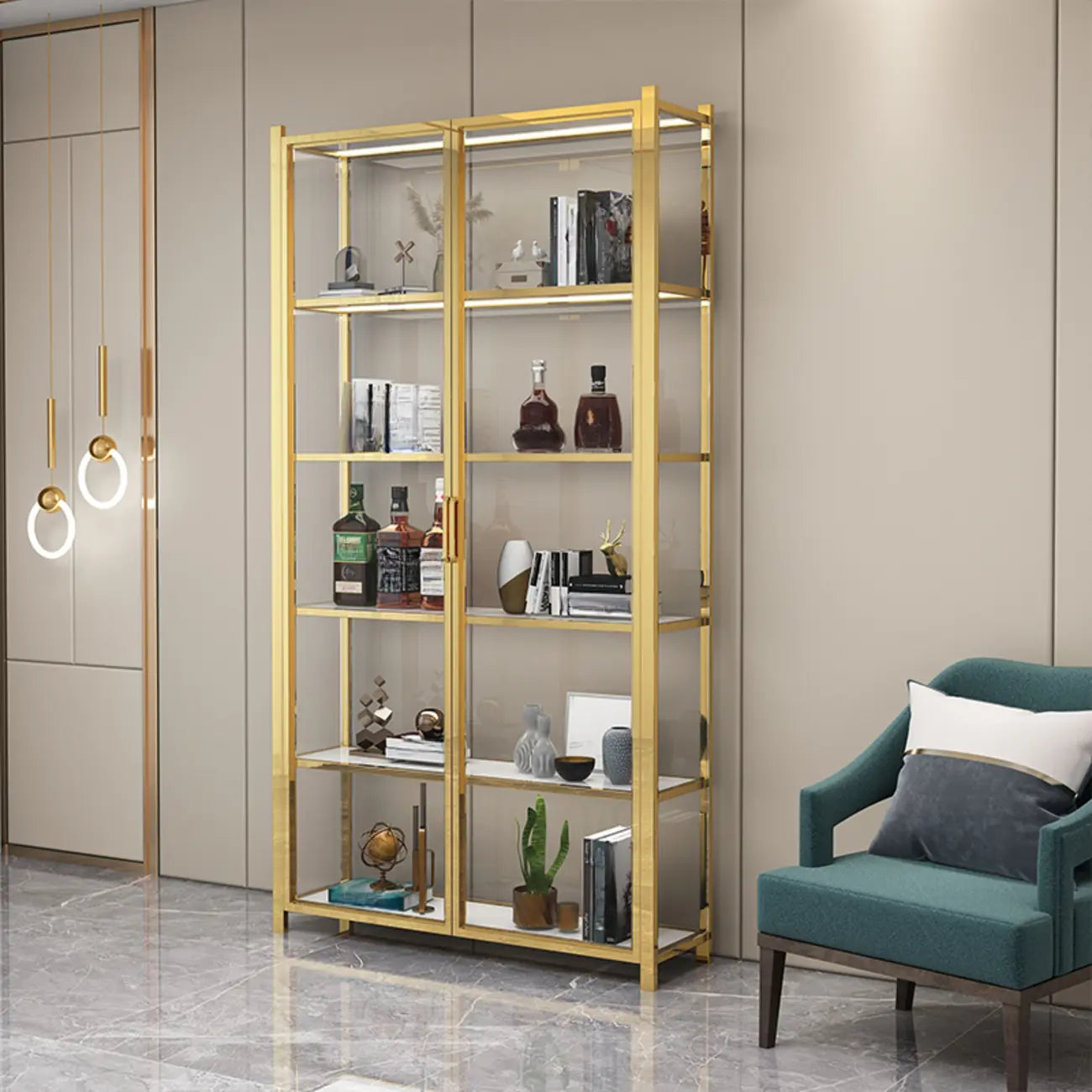 Vitrine autoportante en verre doré avec éclairage LED