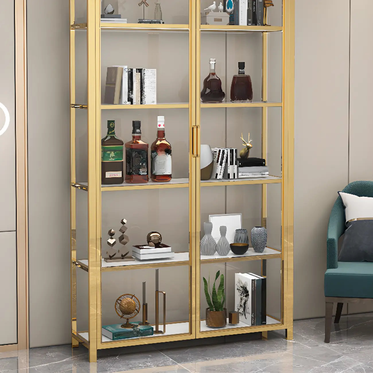 Vitrine autoportante en verre doré avec éclairage LED