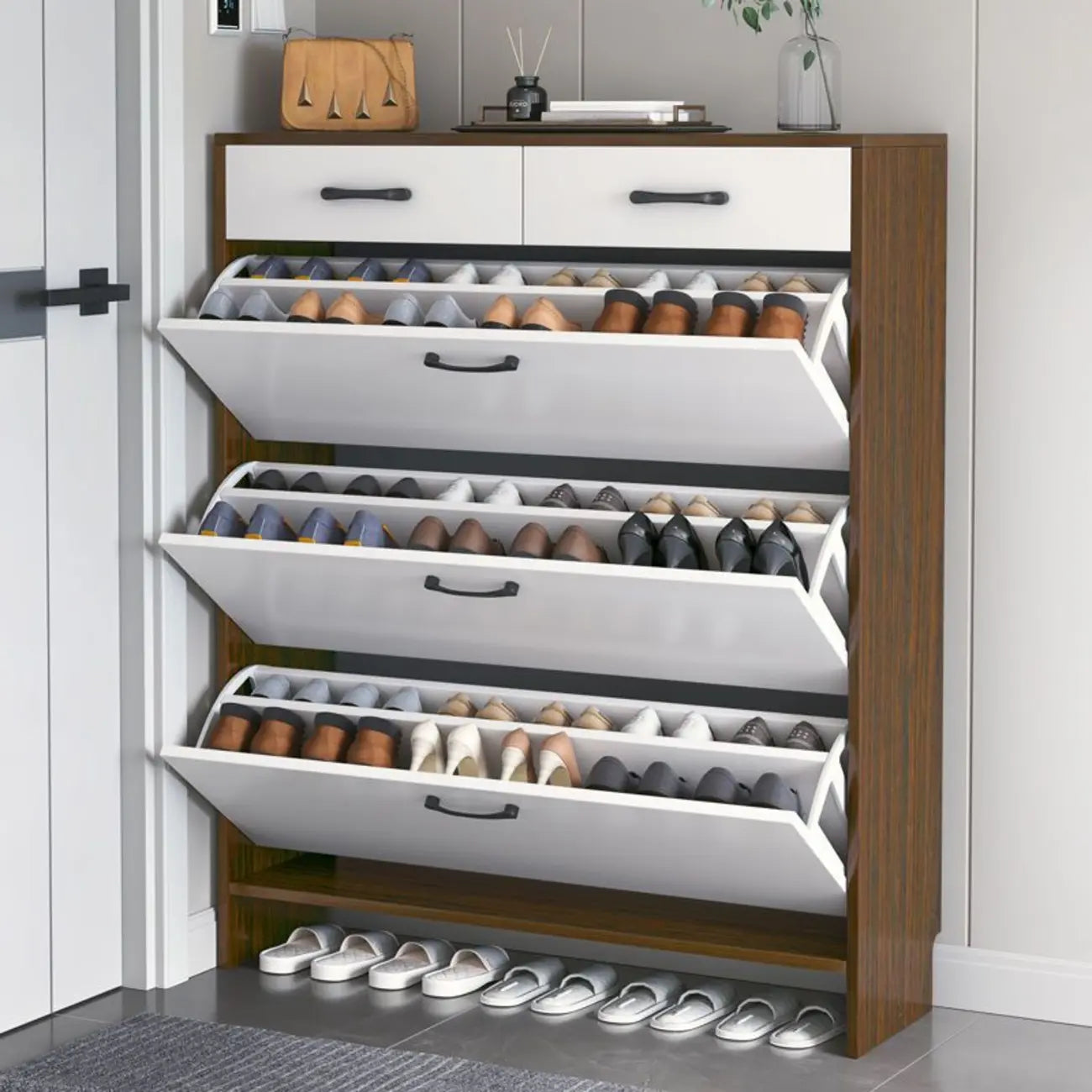 Meuble à chaussures en bois pour couloir avec portes rabattables